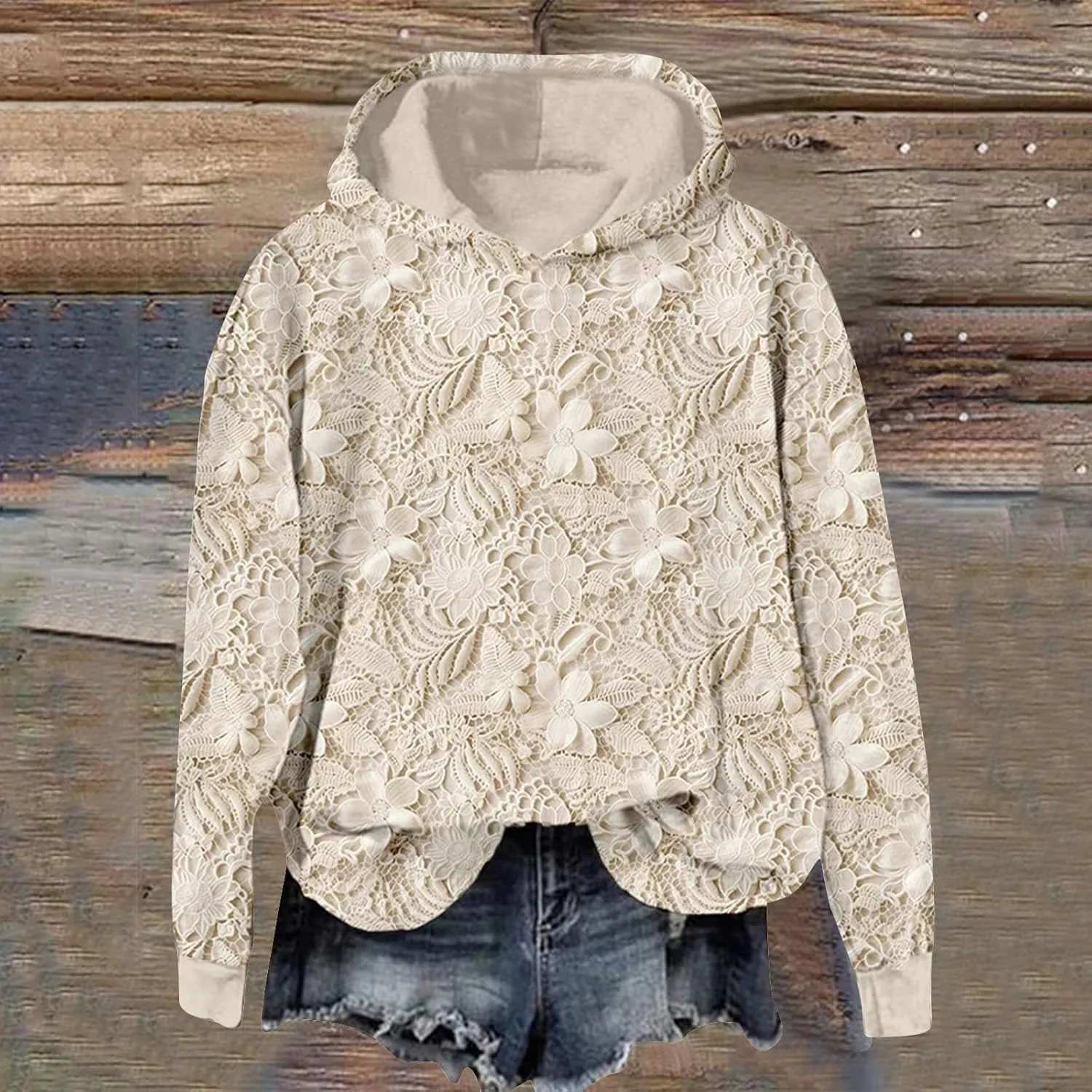 Women's Floral Lace Hoodie Oversized Pullover Sweatshirt Soft Casual Winter Fleece Hoodie Elegant Lace Lounge Top