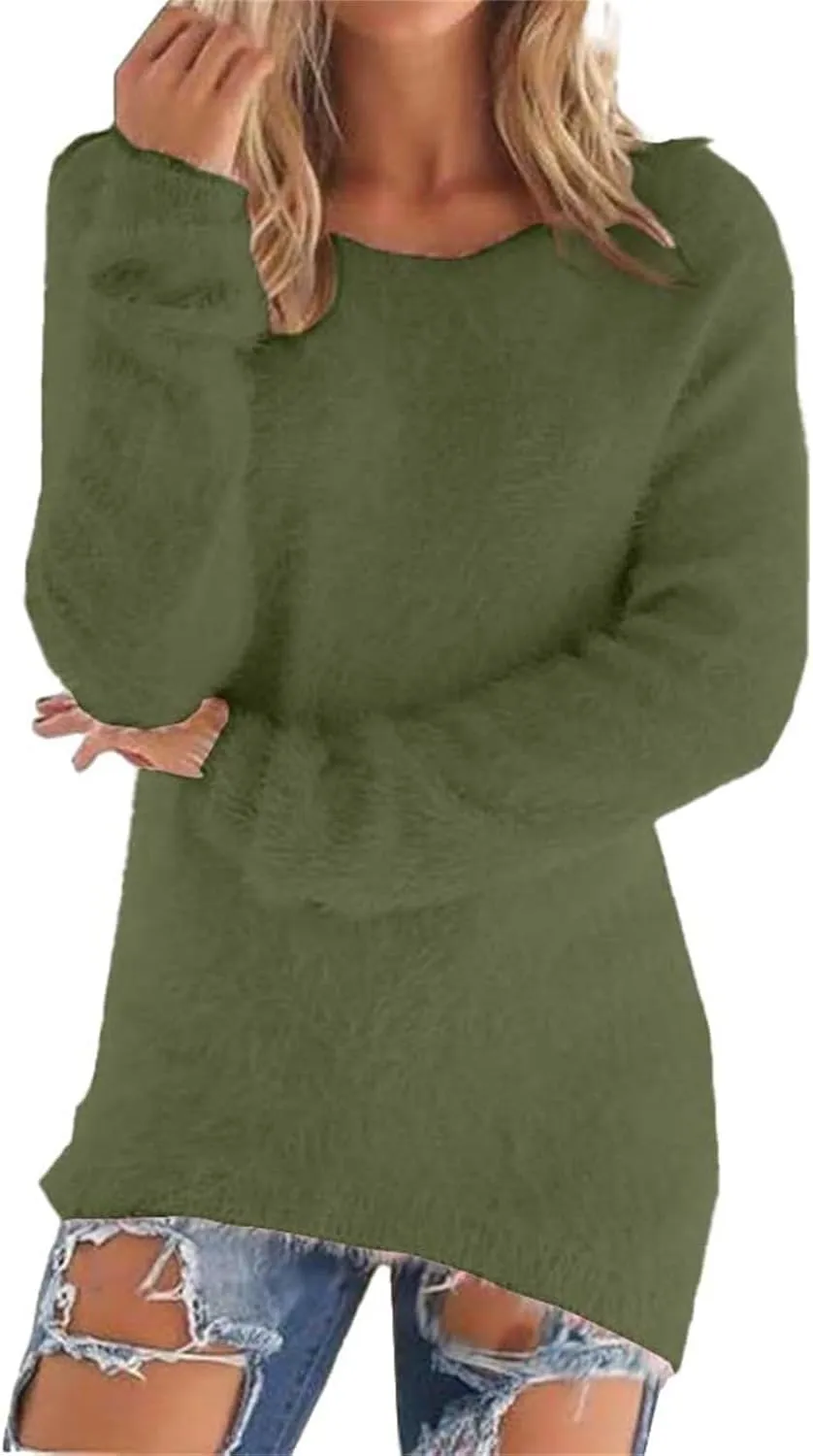 Women's Fuzzy Sweater Fashionable Long Sleeve Pullover Loose Fluffy Plush Jumper Sweater Crewneck Soft Comfy Tops