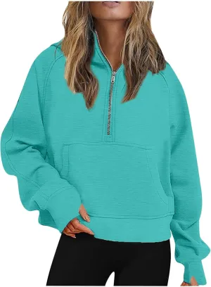Women's Half Zip Cropped Sweatshirts Fleece Casual Loose Hoodie Quarter Zip Trendy Y2k Pullover Sweater With Pocket