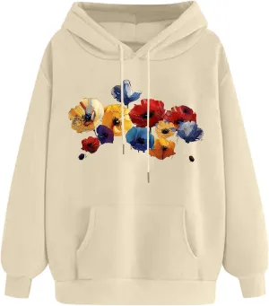 Women's Hoodies Fall Classic Print Long Sleeve Solid Tops Oversized Casual Drawstring Outfit Sweatshirt with Pocket