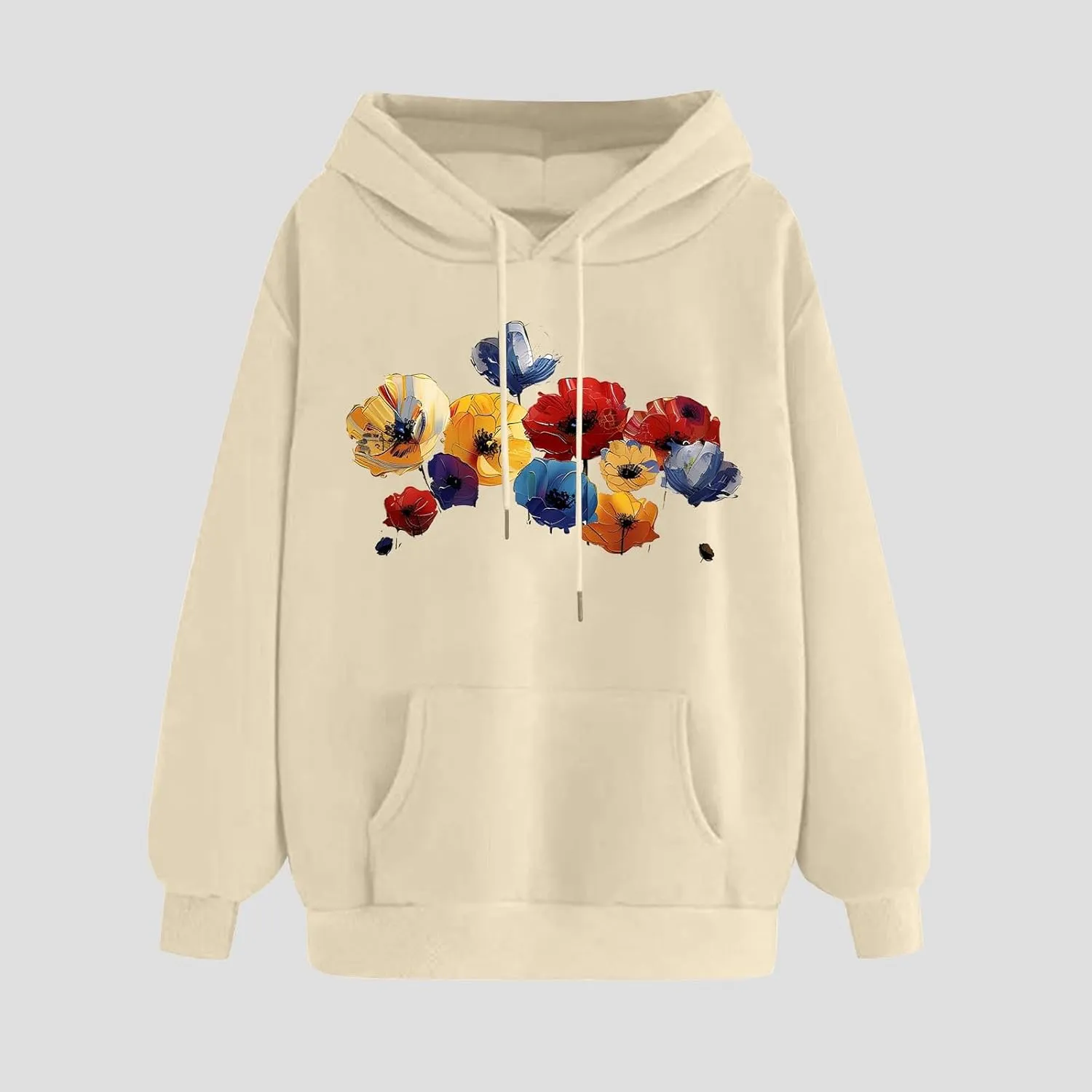 Women's Hoodies Fall Classic Print Long Sleeve Solid Tops Oversized Casual Drawstring Outfit Sweatshirt with Pocket
