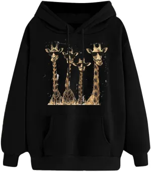 Women's Hoodies Fall Classic Print Long Sleeve Solid Tops Oversized Casual Drawstring Outfit Sweatshirt with Pocket