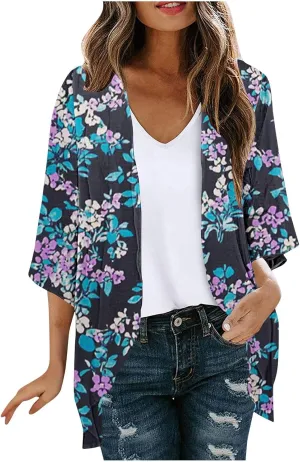 Womens Kimono Cardigan Chiffon Beach Cover Ups Floral Print Puff Sleeve Cardigans Boho Casual Tops Vacation Outfits