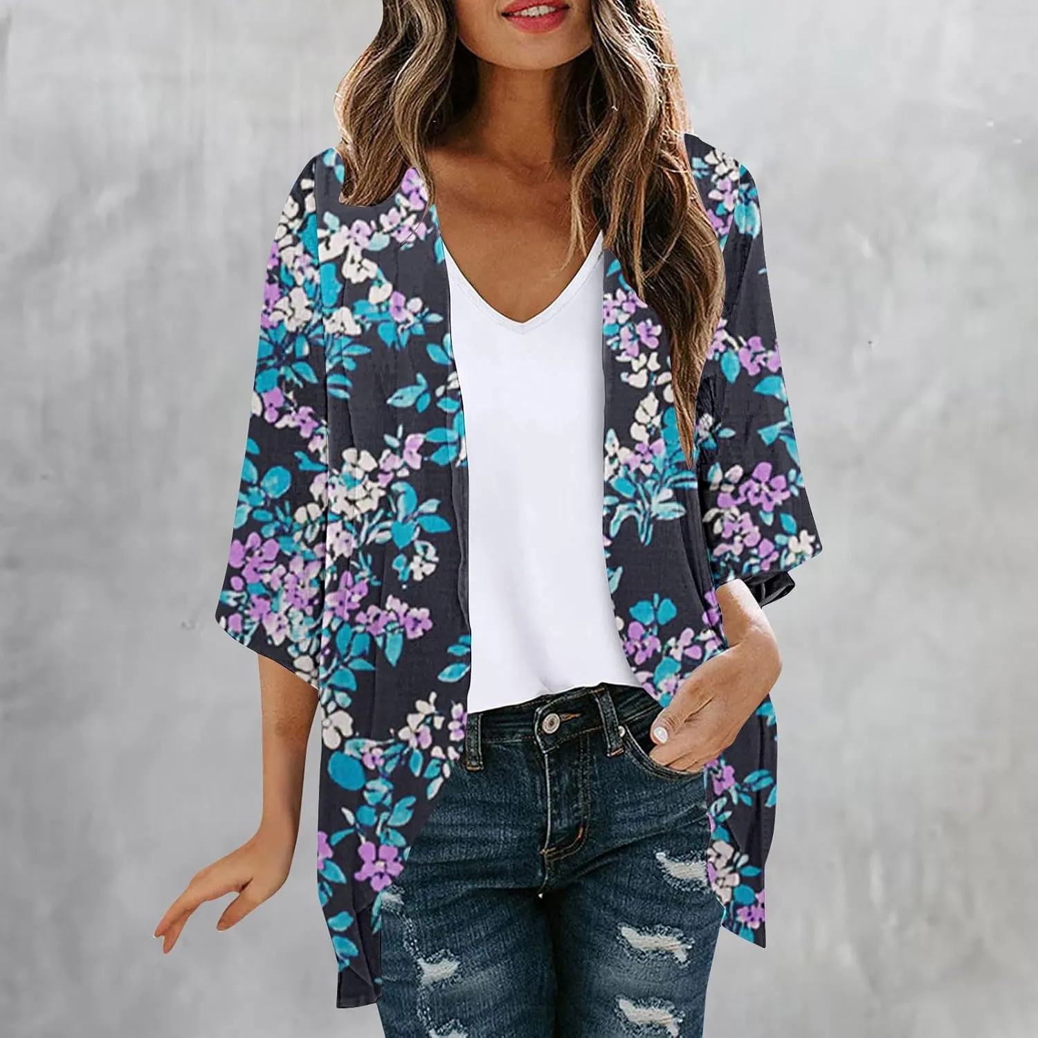 Womens Kimono Cardigan Chiffon Beach Cover Ups Floral Print Puff Sleeve Cardigans Boho Casual Tops Vacation Outfits
