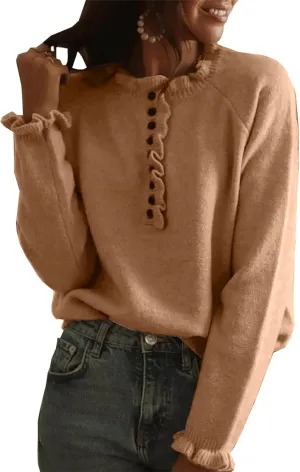 Womens Knit Sweaters Long Sleeve Oversized Casual Solid Button Sweater Ruffled Pullover Turtleneck Comfy