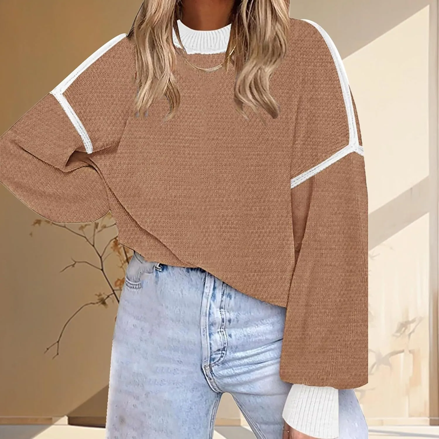 Womens Knitted Sweater Fashion Loose Crewneck Long Sleeve Striped Color Block Pullovers Fall Crochet Party Tunic Tops