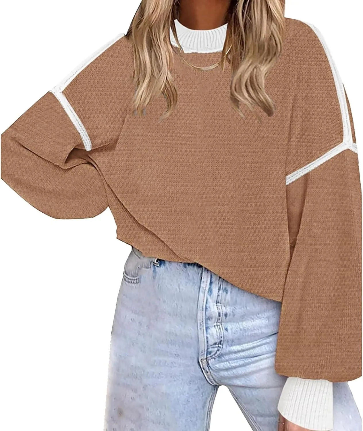 Womens Knitted Sweater Fashion Loose Crewneck Long Sleeve Striped Color Block Pullovers Fall Crochet Party Tunic Tops