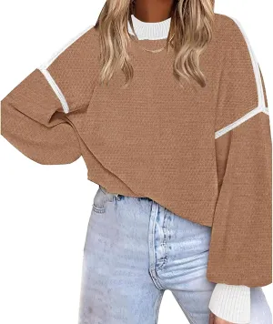 Womens Knitted Sweater Fashion Loose Crewneck Long Sleeve Striped Color Block Pullovers Fall Crochet Party Tunic Tops