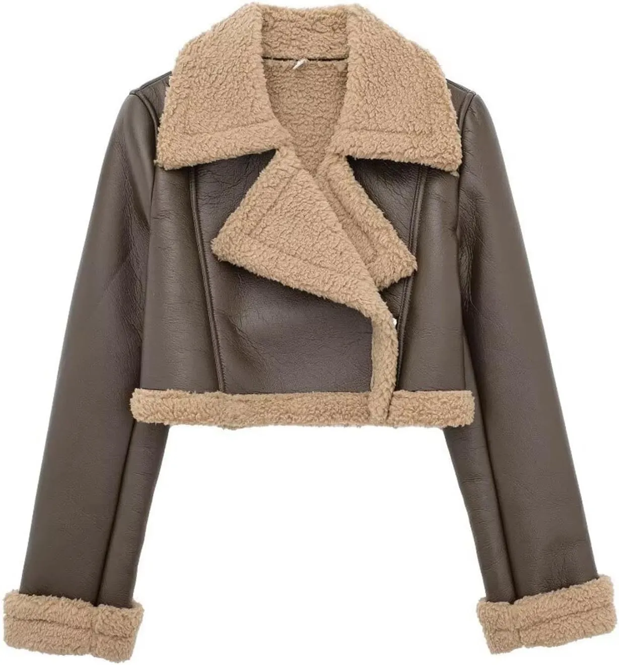 Womens Leather Jackets Sherpa Lined Fleece Jackets Cropped Winter Coats Faux Shearing Moto Bomber Jacket Fluffy Coats