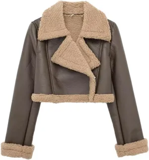 Womens Leather Jackets Sherpa Lined Fleece Jackets Cropped Winter Coats Faux Shearing Moto Bomber Jacket Fluffy Coats
