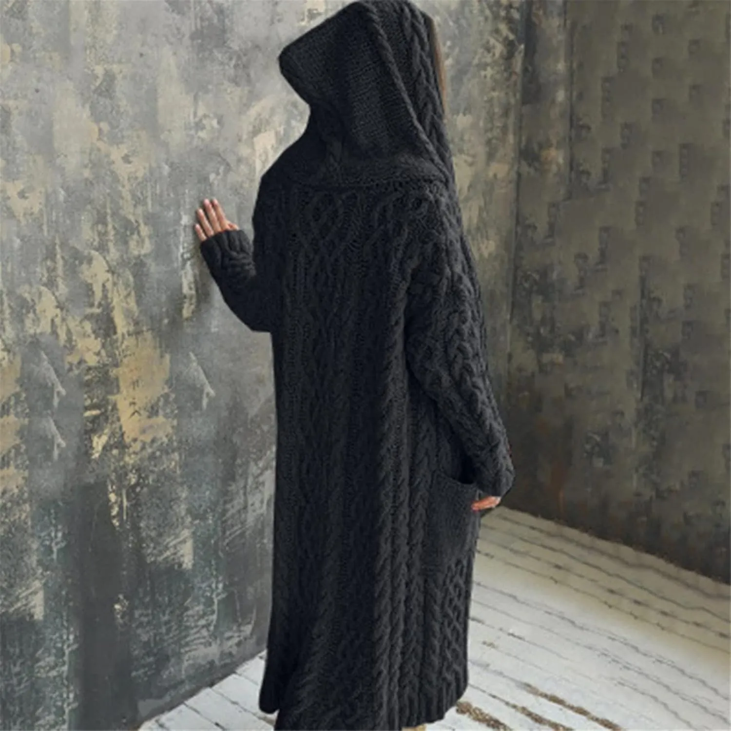 Women's Lightweight Hooded Sweaters Oversized Open Cardigan Warm Outwear Coat Cable Knit Long Cardigan Sweaters with Pockets