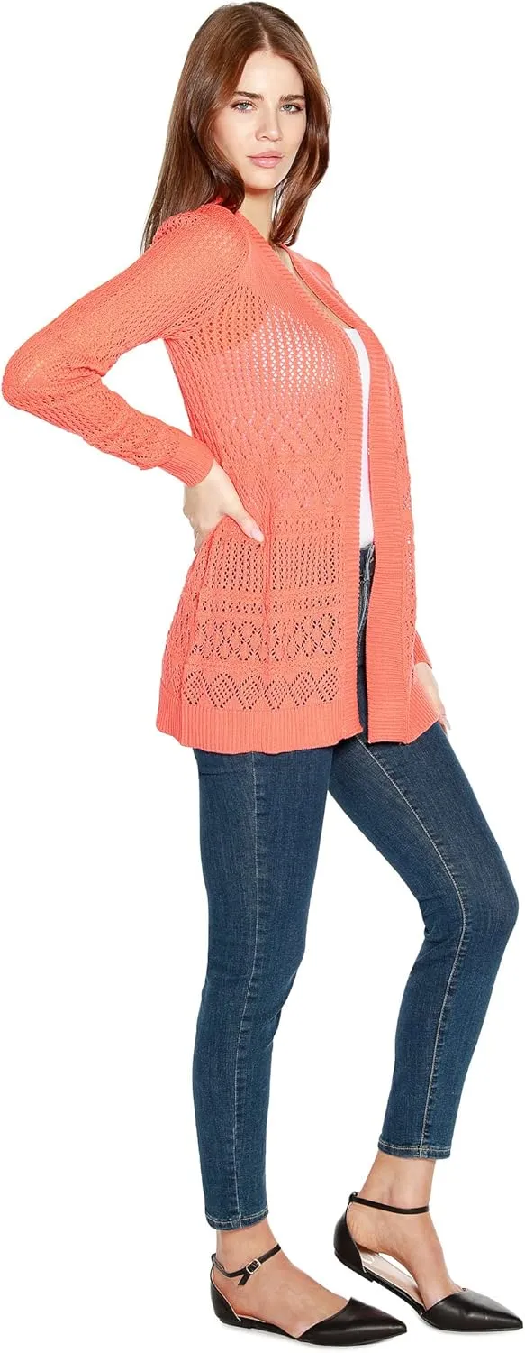 Womens Long Crochet Cardigan Ladies Long Cardigans Lightweight in Pointelle Knit
