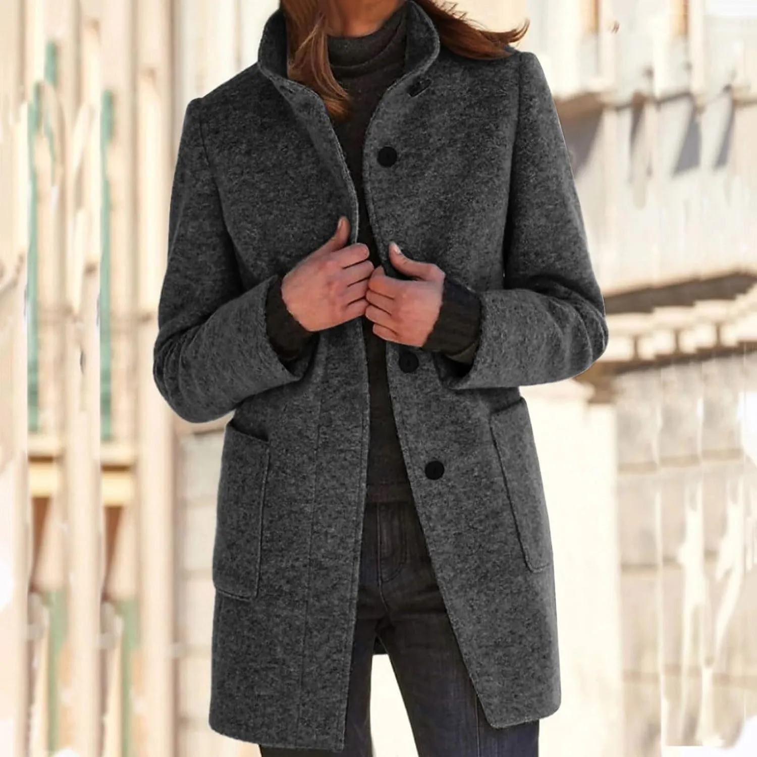 Women's Long Pea Coats Casual Stand Collar Wool Blend Coats Winter Soild Color Thicken Trench Coat Overcoat