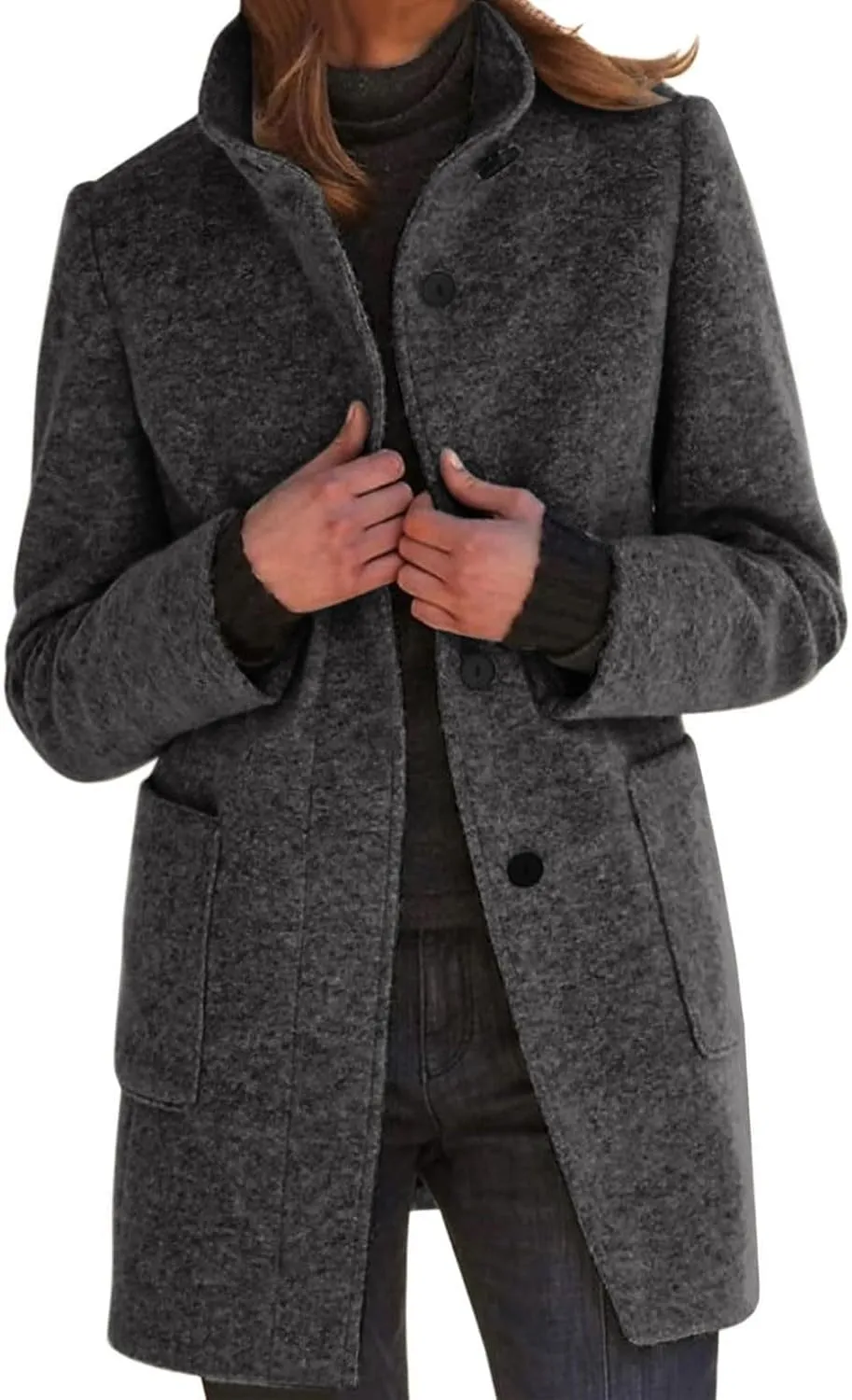 Women's Long Pea Coats Casual Stand Collar Wool Blend Coats Winter Soild Color Thicken Trench Coat Overcoat
