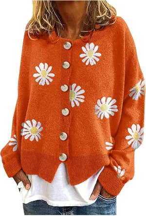 Womens Long Sleeve Button Cropped Cardigans Cute Flower Graphic Cardigan Fashion Casual Sweater Coat