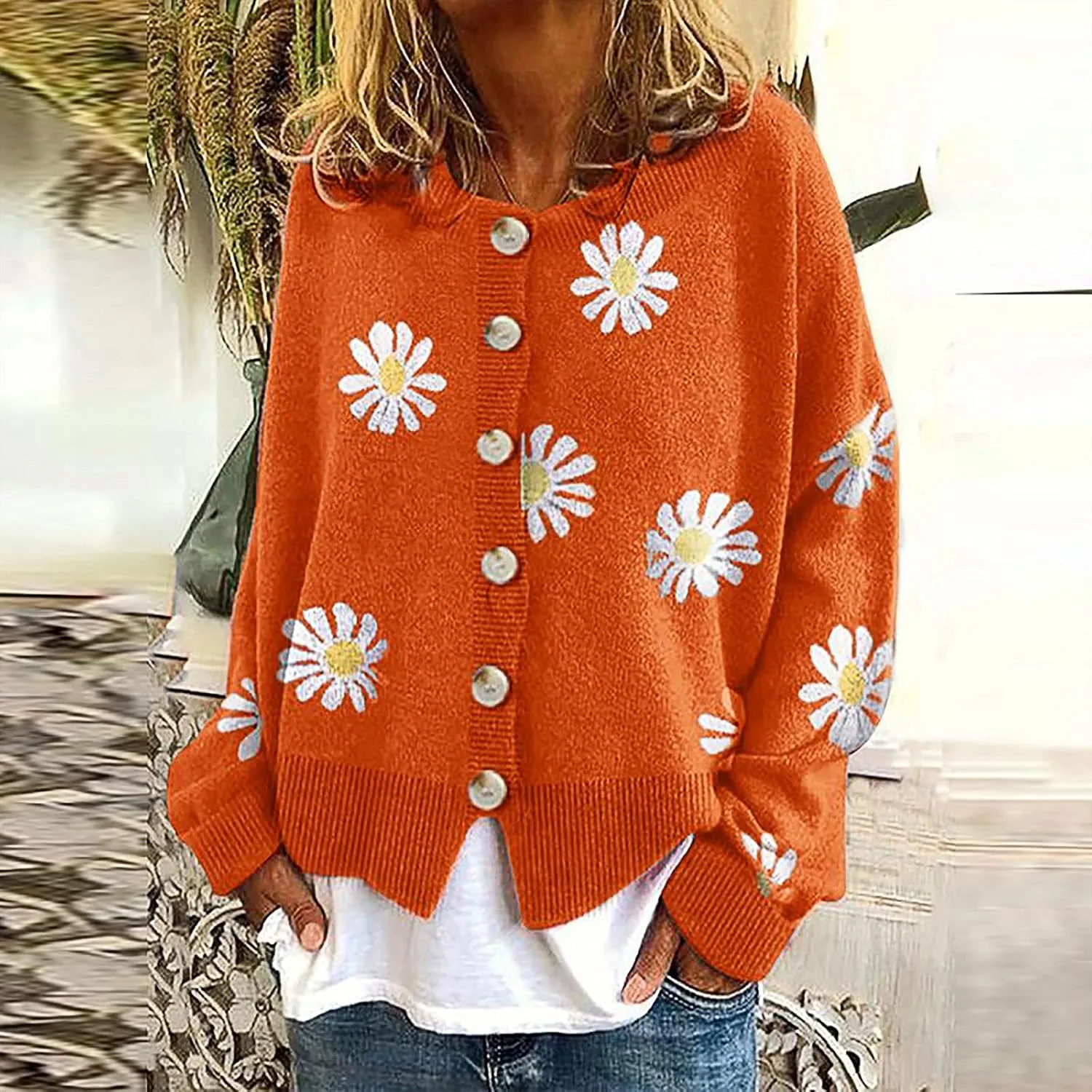 Womens Long Sleeve Button Cropped Cardigans Cute Flower Graphic Cardigan Fashion Casual Sweater Coat