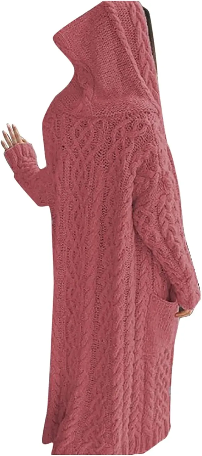Womens Long Sleeve Cardigan Cable Knit Open Front Solid Color Hooded Sweaters Casual Fashion Fall Outerwear Coat with Pocket