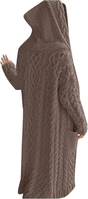Womens Long Sleeve Cardigan Cable Knit Open Front Solid Color Hooded Sweaters Casual Fashion Fall Outerwear Coat with Pocket
