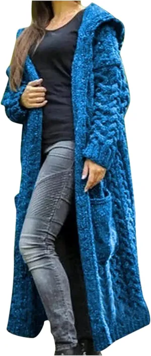 Womens Long Sleeve Cardigan Cable Knit Open Front Solid Color Hooded Sweaters Casual Fashion Fall Outerwear Coat with Pocket
