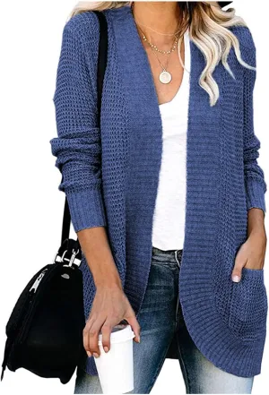Womens Long Sleeve Open Front Sweater Cardigans Chunky Knit Draped Sweaters Cable Knit Curved Hem Fall Outwear Pockets