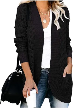 Womens Long Sleeve Open Front Sweater Cardigans Chunky Knit Draped Sweaters Cable Knit Curved Hem Fall Outwear Pockets