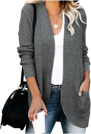 Womens Long Sleeve Open Front Sweater Cardigans Chunky Knit Draped Sweaters Cable Knit Curved Hem Fall Outwear Pockets