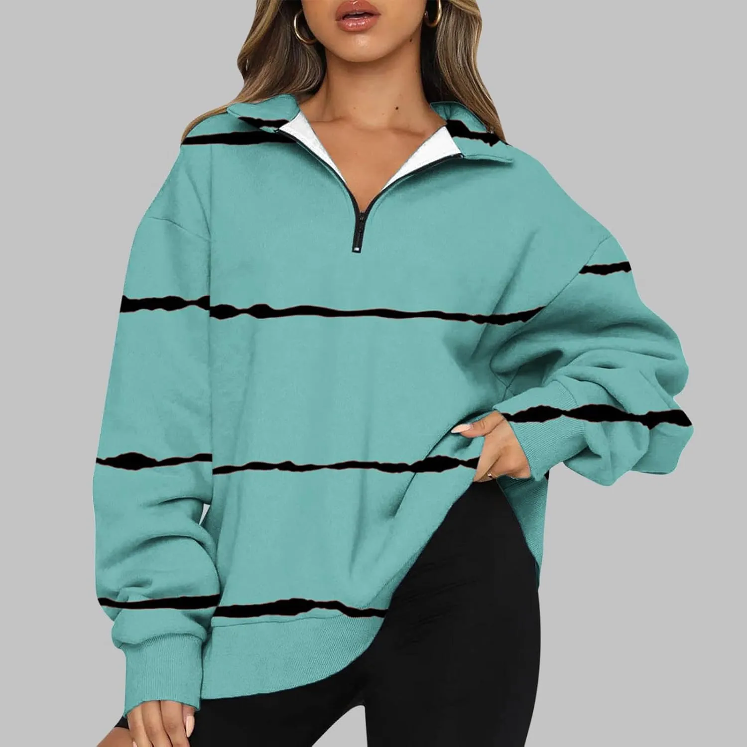 Womens Long Sleeve Oversized Fleece Sweatshirts Striped Pullover Tops 1/4 Zipper Casual Trendy Fall Clothes