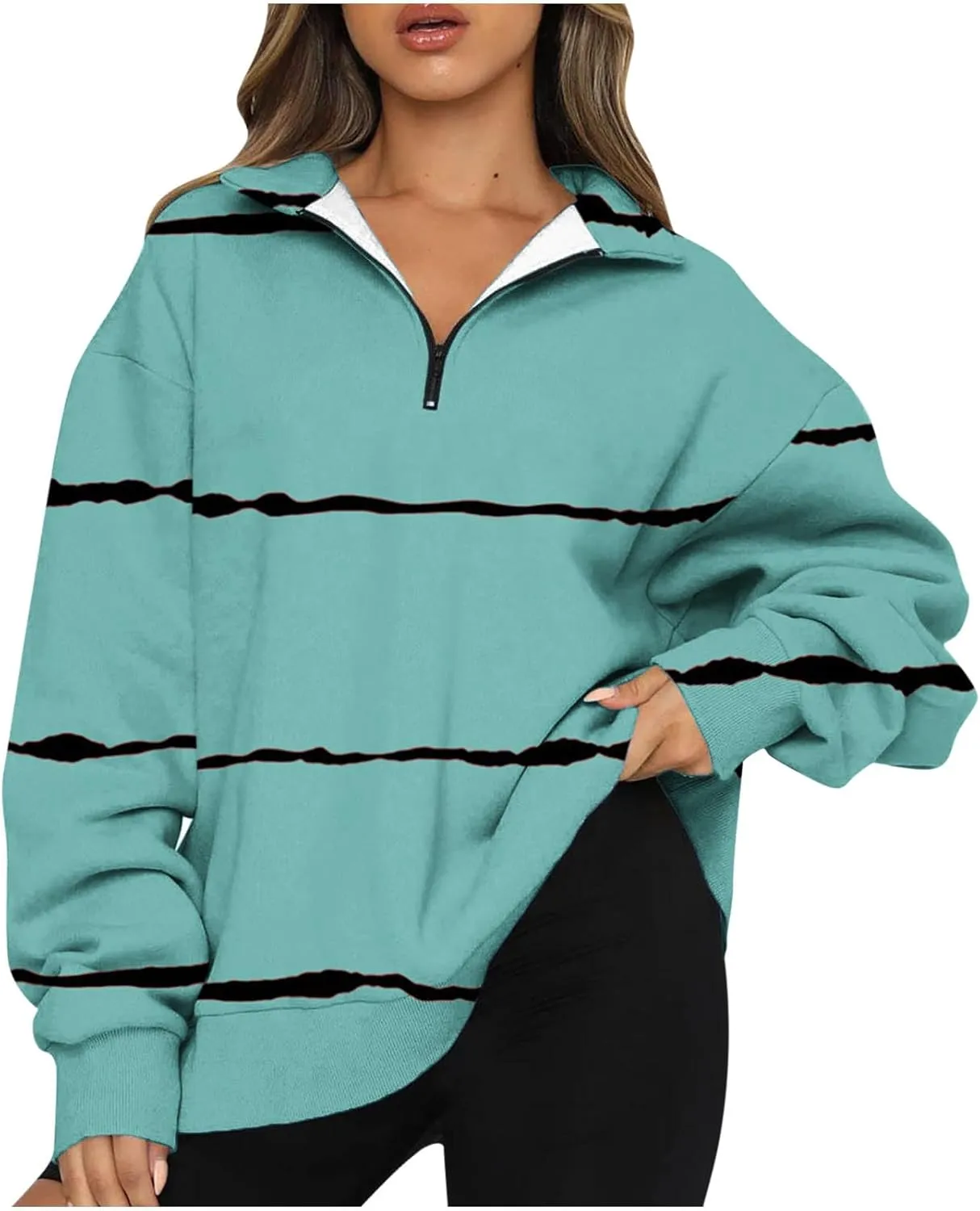 Womens Long Sleeve Oversized Fleece Sweatshirts Striped Pullover Tops 1/4 Zipper Casual Trendy Fall Clothes