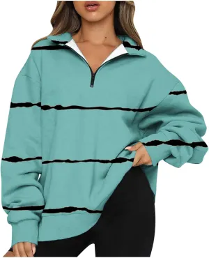 Womens Long Sleeve Oversized Fleece Sweatshirts Striped Pullover Tops 1/4 Zipper Casual Trendy Fall Clothes