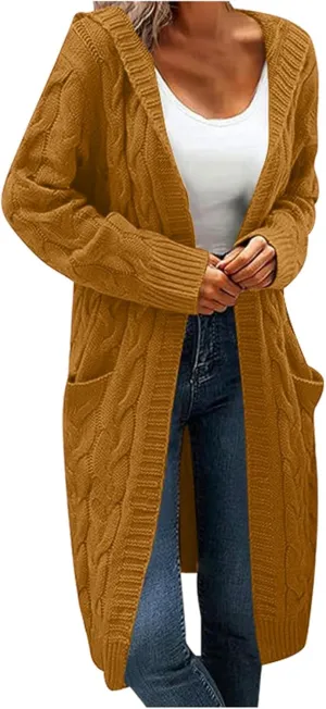 Womens Long Sweaters Long Sleeve Cable Knit Cardigan Sweaters for Women Chunky Sweater Open Front Cardigans Outwear Pocket