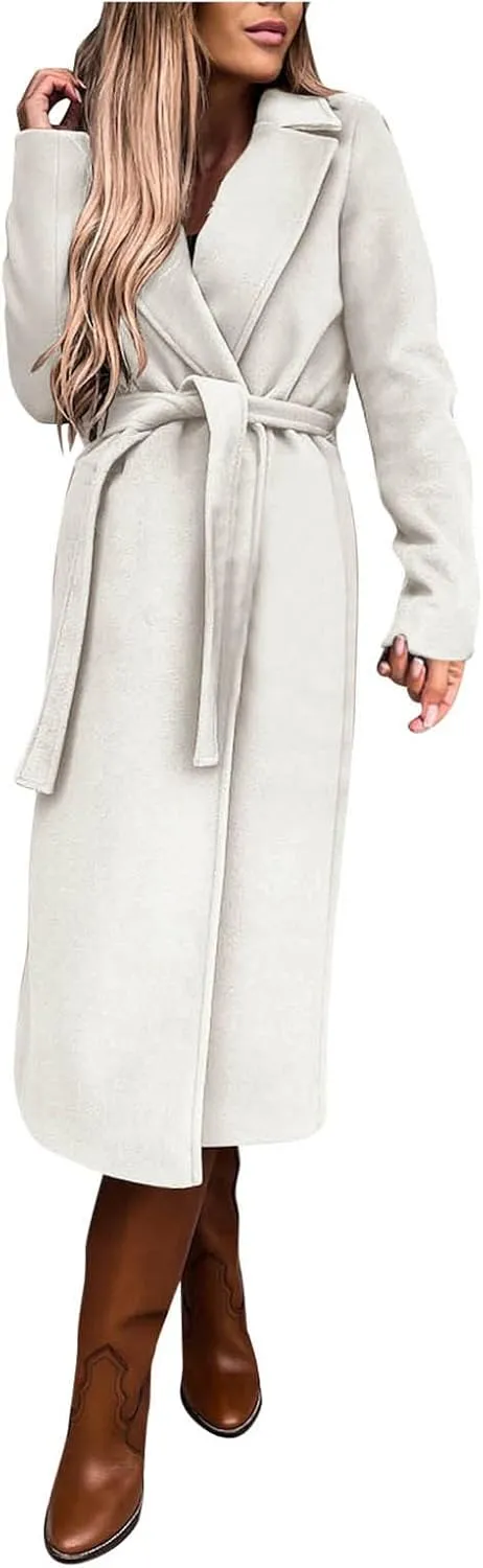 Womens Long Trench Coat Fashion Elegant Long Sleeve Lapel Overcoat with Belt Soft Comfy Slim Outwear 2024 Winter Coats