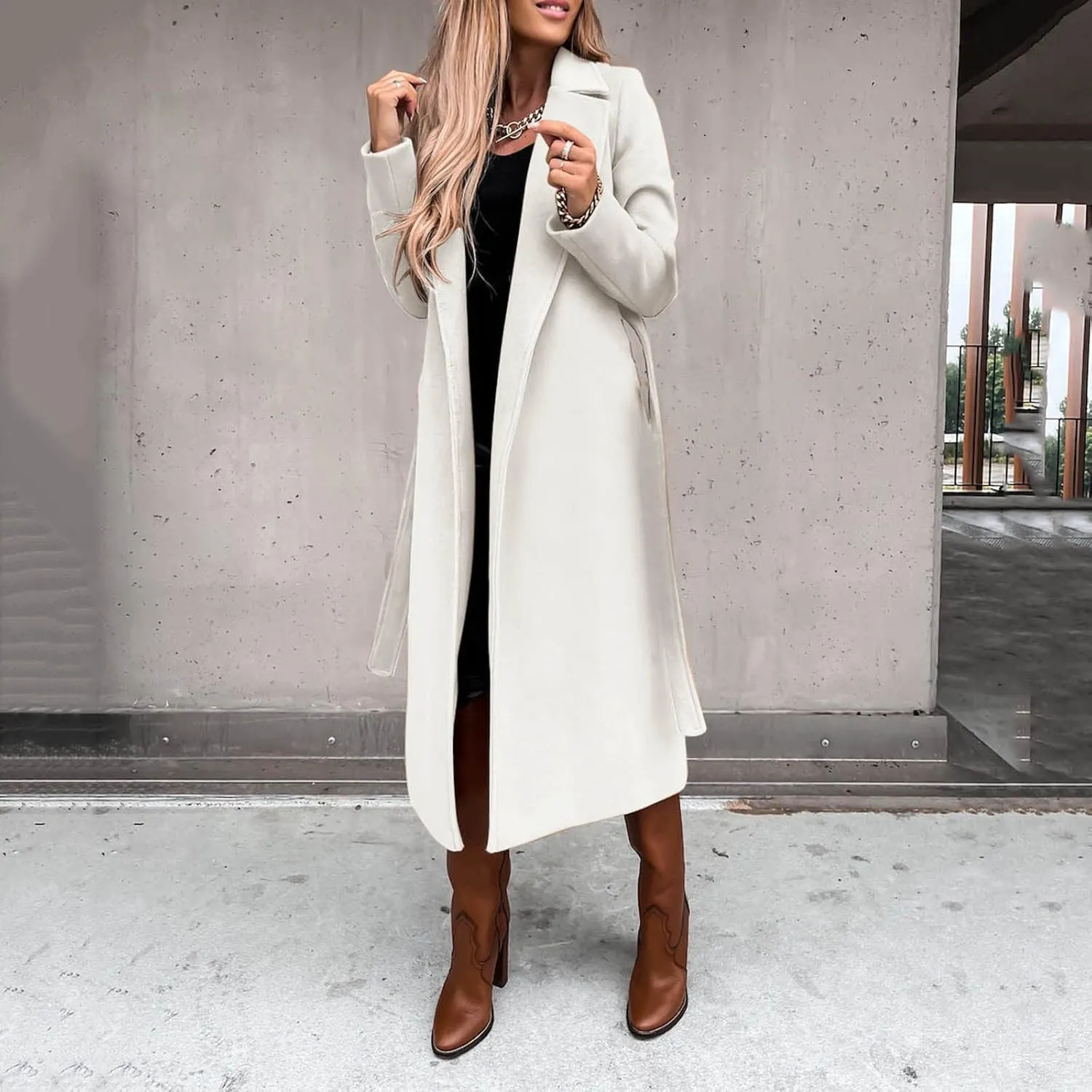 Womens Long Trench Coat Fashion Elegant Long Sleeve Lapel Overcoat with Belt Soft Comfy Slim Outwear 2024 Winter Coats