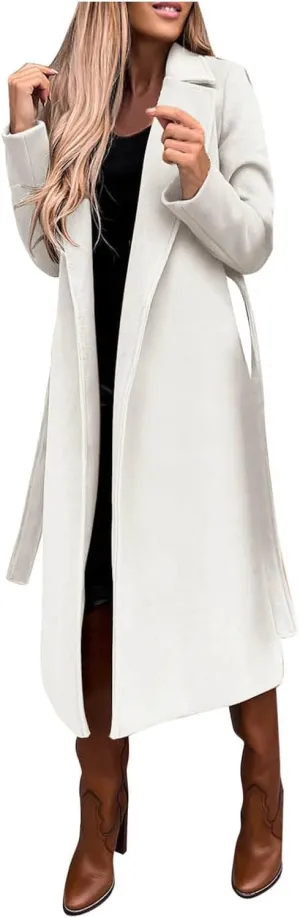 Womens Long Trench Coat Fashion Elegant Long Sleeve Lapel Overcoat with Belt Soft Comfy Slim Outwear 2024 Winter Coats
