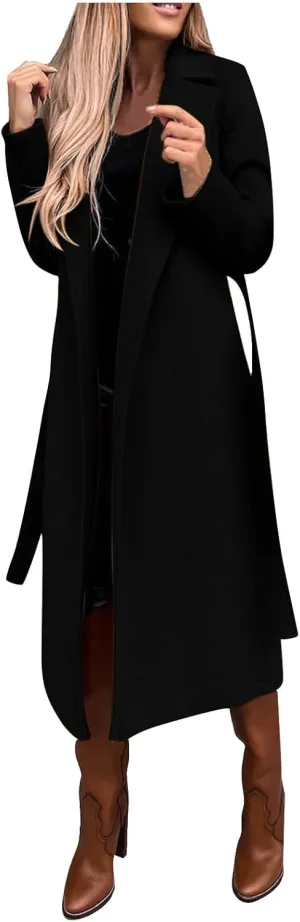 Women's Long Trench Coat Windproof Classic Lapel Overcoat Trench Solid Petite Notched Lapel Long Winter Coats