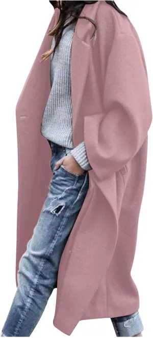 Womens Long Trench Coats Notch Lapel Double Breasted Pea Coats Mid Long Wool Blend Overcoat Winter Jackets Outwear