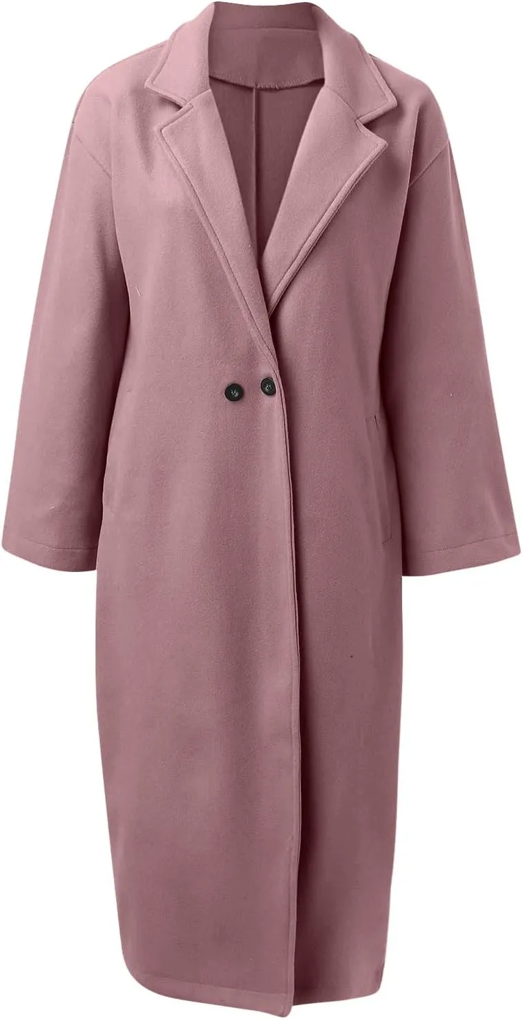 Womens Long Trench Coats Notch Lapel Double Breasted Pea Coats Mid Long Wool Blend Overcoat Winter Jackets Outwear