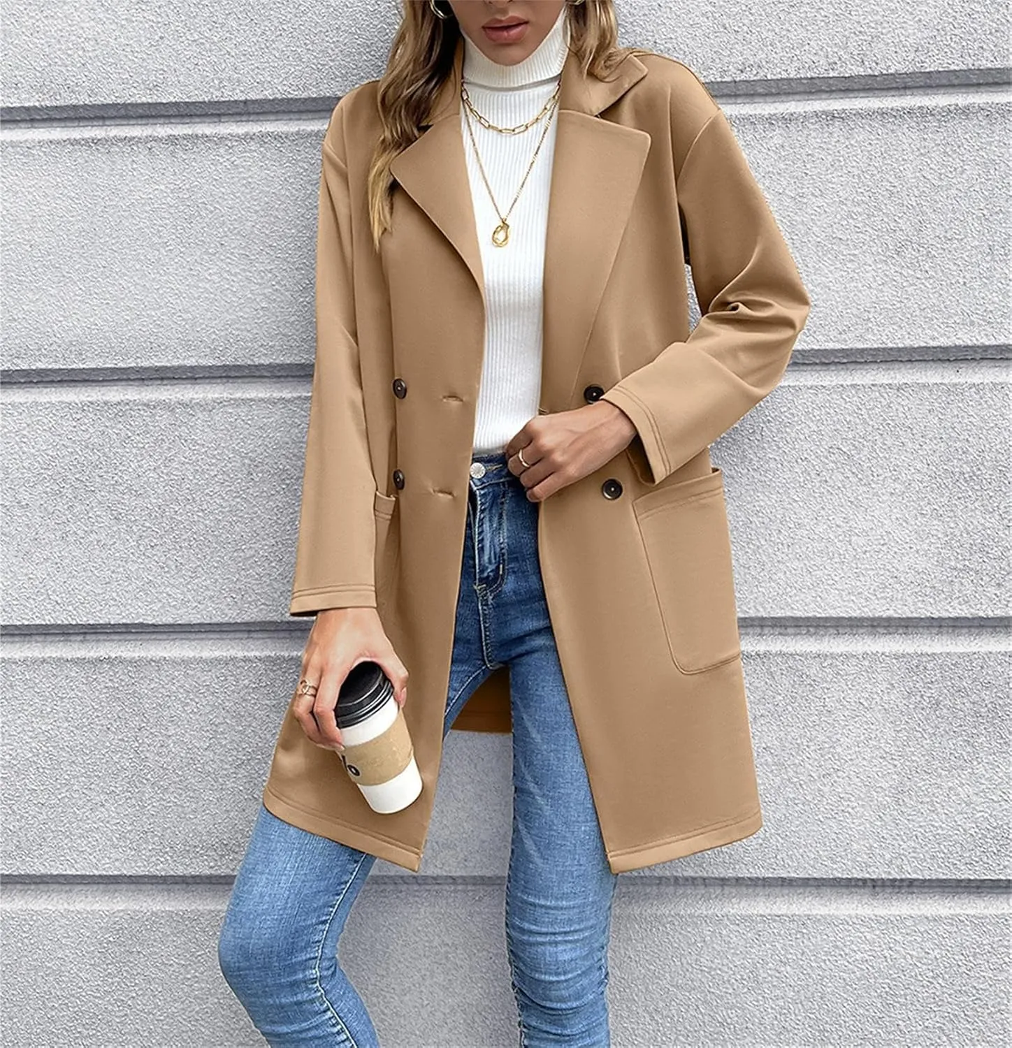 Women's Mid Long Pea Coat Wool Blend Overcoat Winter Notch Lapel Double Breasted Outwear