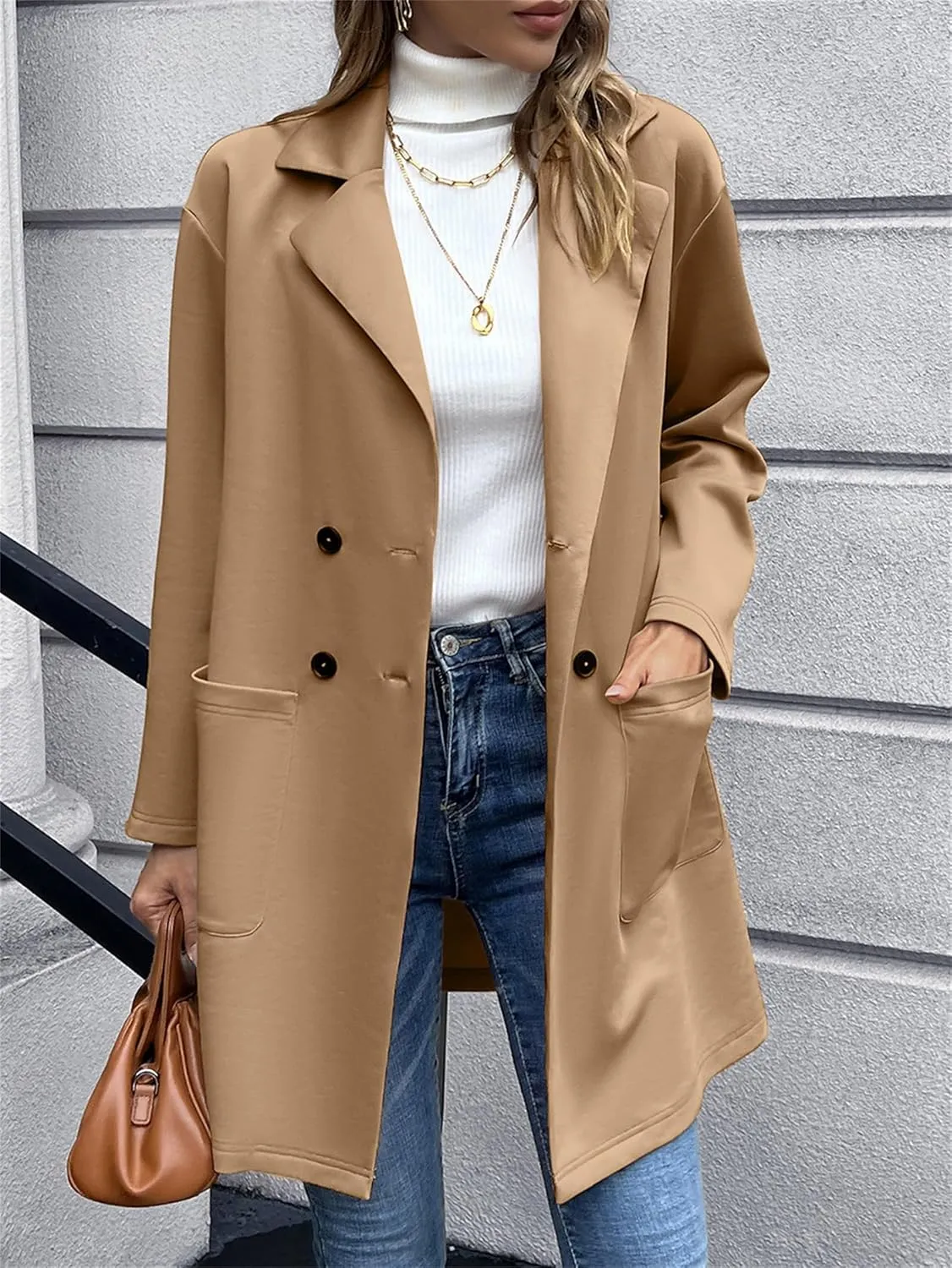 Women's Mid Long Pea Coat Wool Blend Overcoat Winter Notch Lapel Double Breasted Outwear