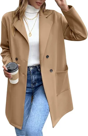 Women's Mid Long Pea Coat Wool Blend Overcoat Winter Notch Lapel Double Breasted Outwear