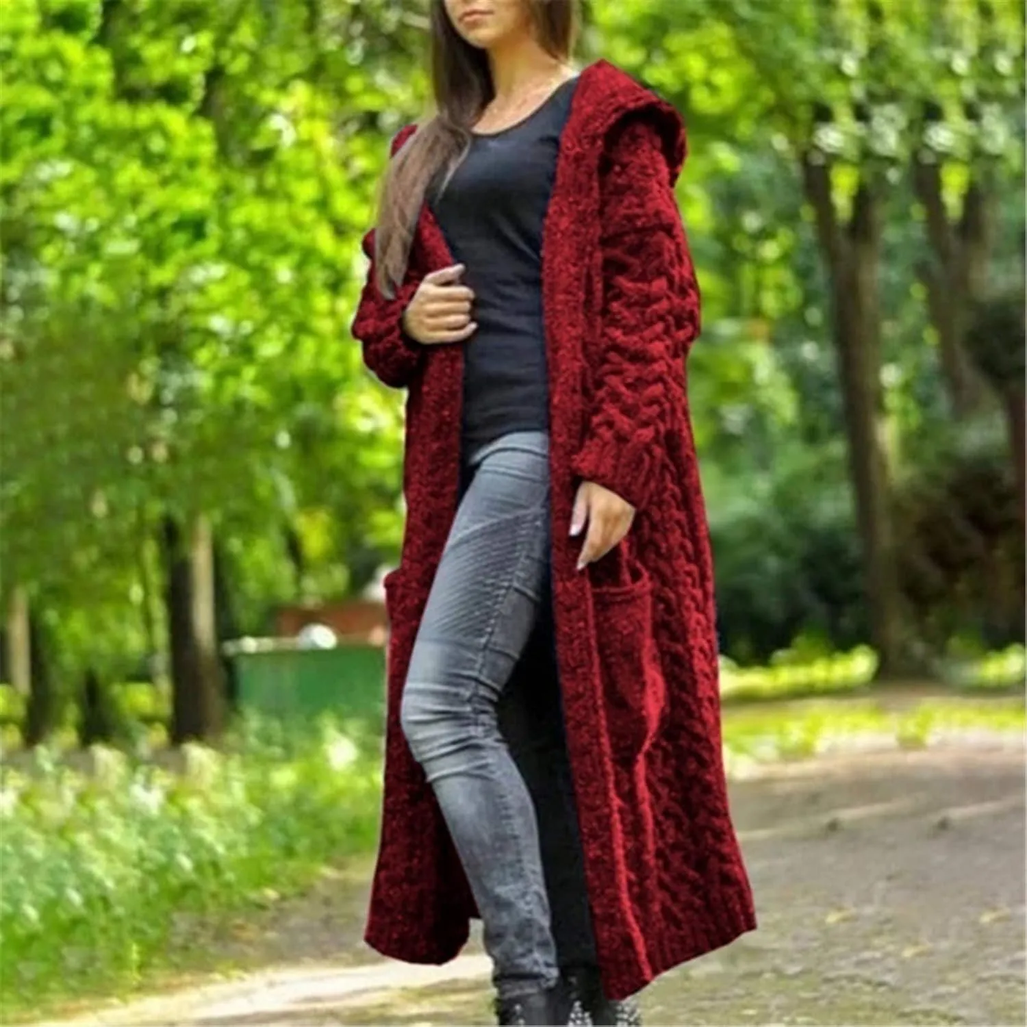 Womens Open Front Cable Knit Long Cardigan Long Sleeve Casual Hooded Outwear 2023 Fall Winter Sweater