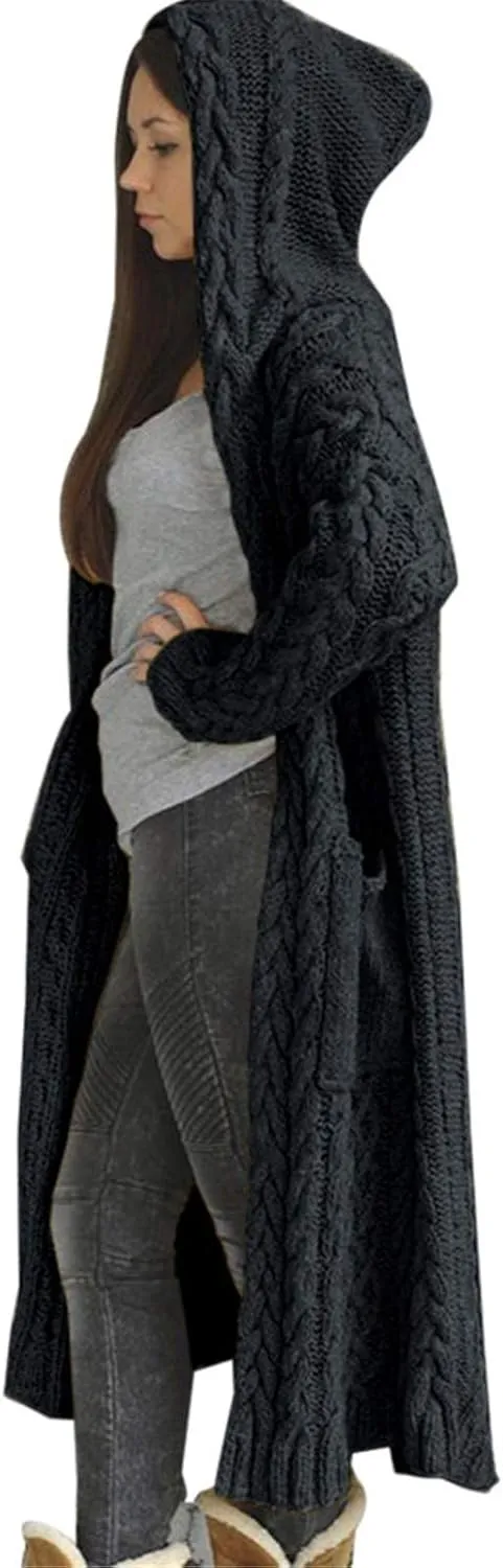 Womens Open Front Cable Knit Long Cardigan Long Sleeve Casual Hooded Outwear 2023 Fall Winter Sweater