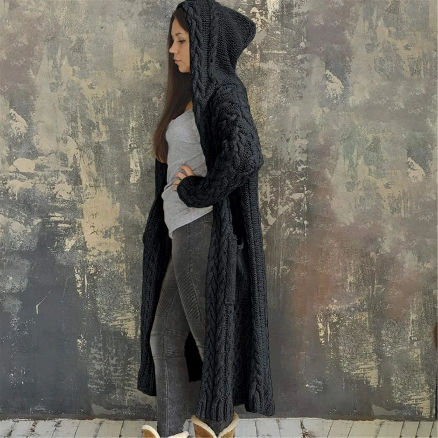 Womens Open Front Cable Knit Long Cardigan Long Sleeve Casual Hooded Outwear 2023 Fall Winter Sweater