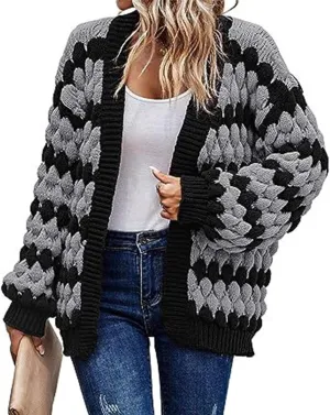 Womens Open Front Cardigan Sweater Oversized Chunky Lantern Sleeve Striped Color Block Sweater Coats