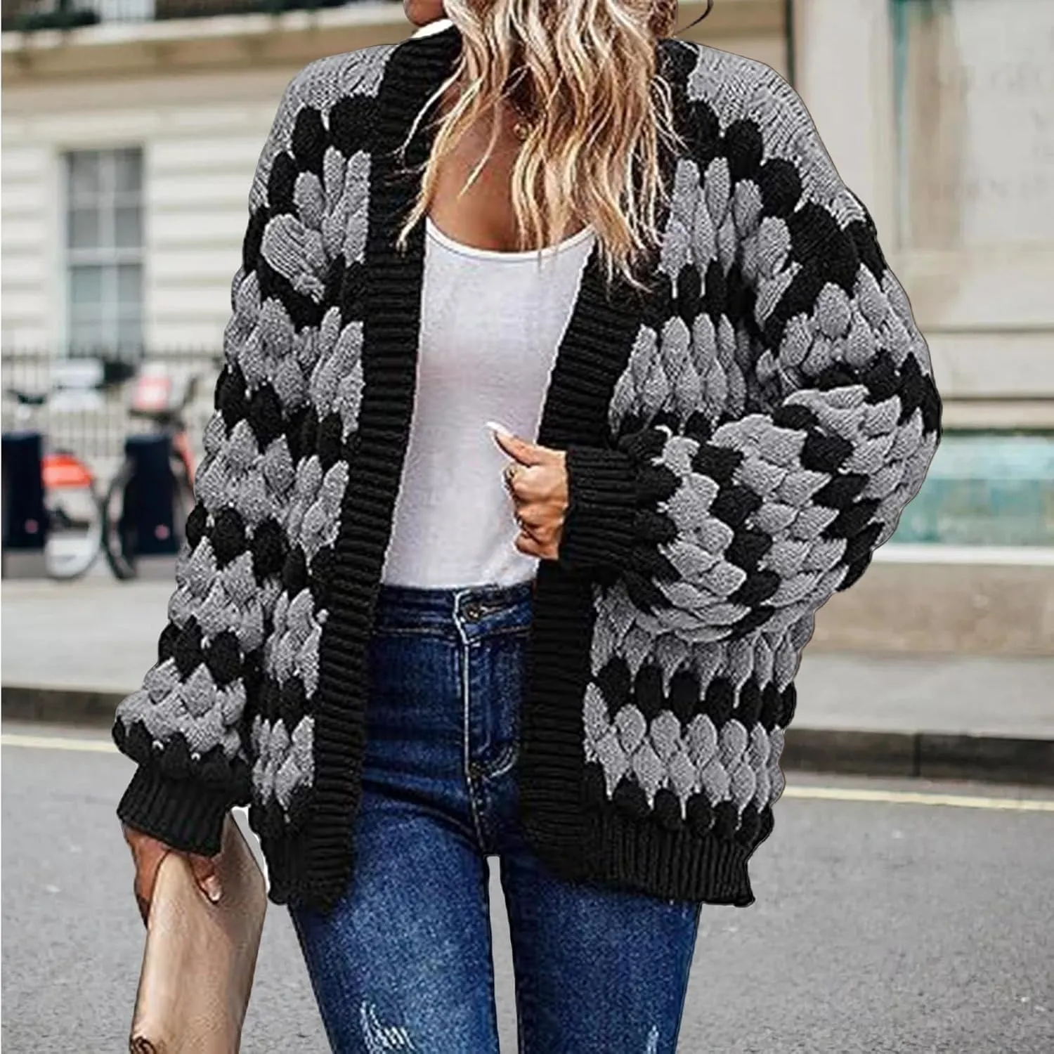 Womens Open Front Cardigan Sweater Oversized Chunky Lantern Sleeve Striped Color Block Sweater Coats