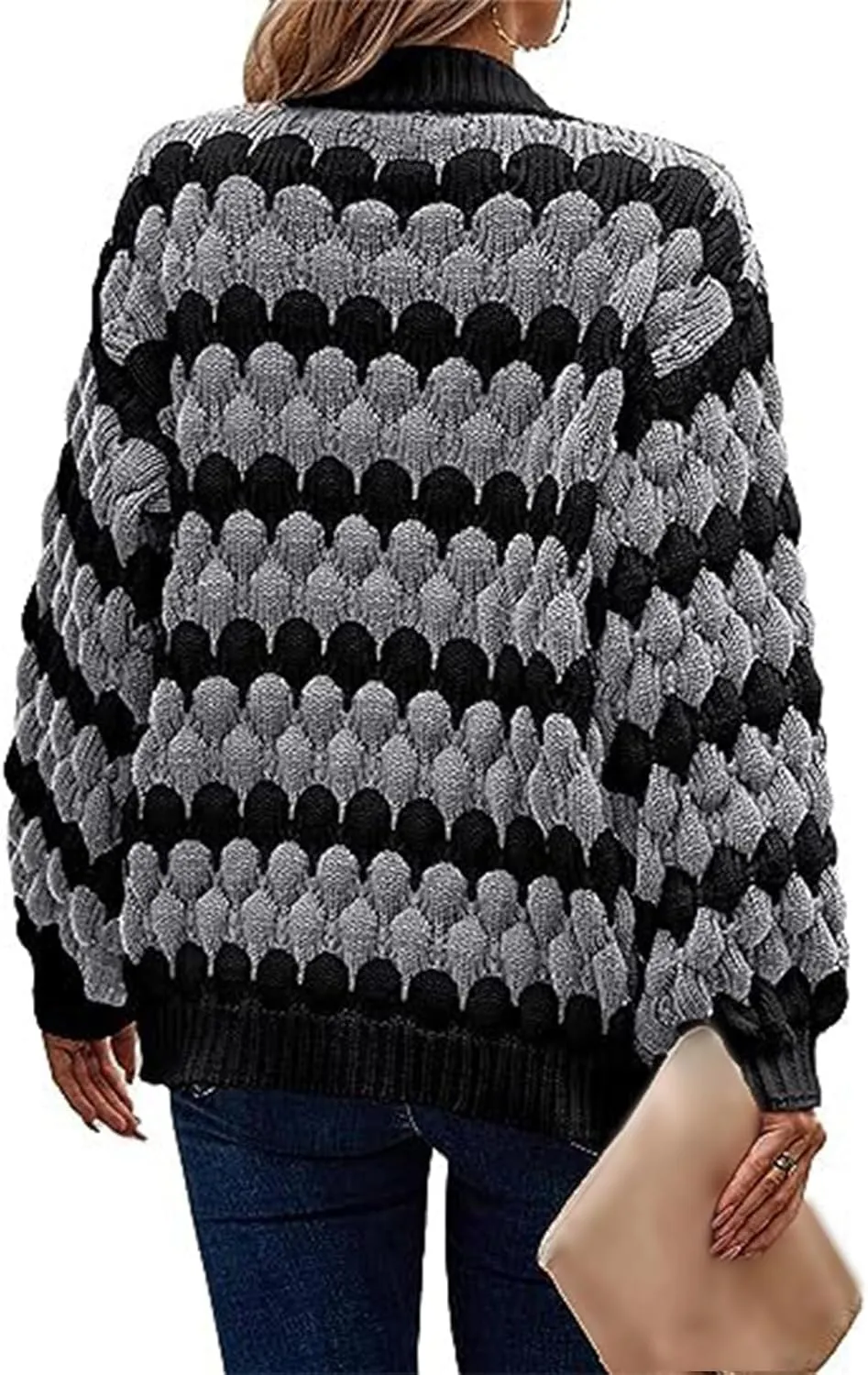 Womens Open Front Cardigan Sweater Oversized Chunky Lantern Sleeve Striped Color Block Sweater Coats