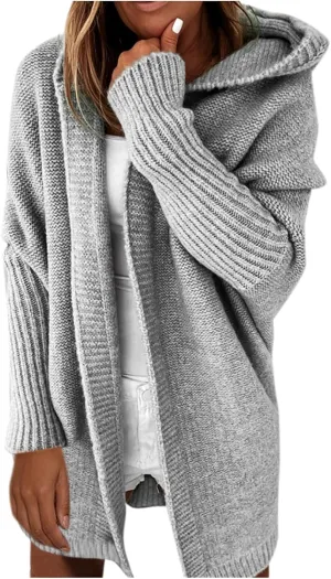 Womens Open Front Knit Cardigan Long Batwing Sleeve Hooded Oversized Sweater Chunky Cable Boho Pockets Coat