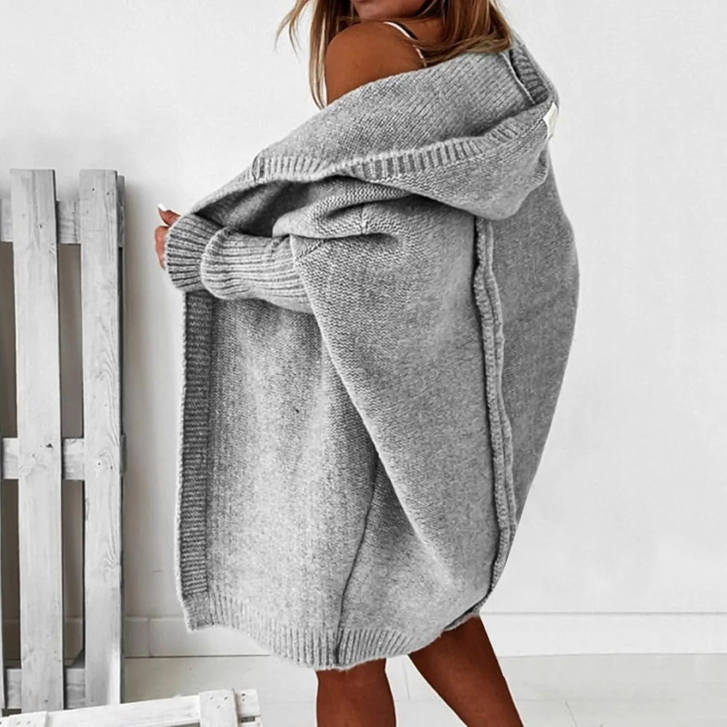 Womens Open Front Knit Cardigan Long Batwing Sleeve Hooded Oversized Sweater Chunky Cable Boho Pockets Coat