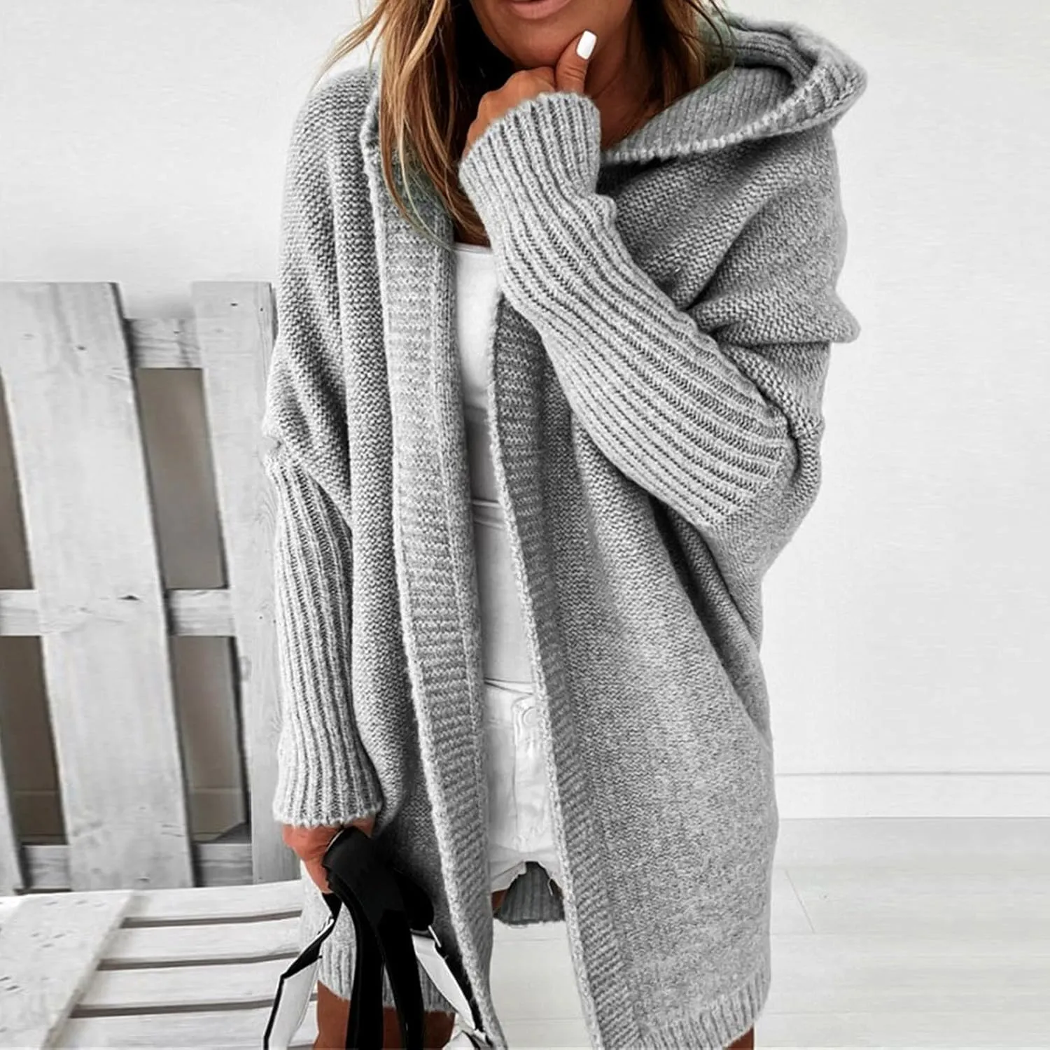 Womens Open Front Knit Cardigan Long Batwing Sleeve Hooded Oversized Sweater Chunky Cable Boho Pockets Coat