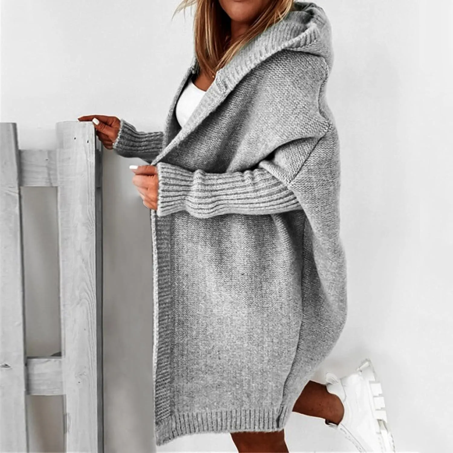 Womens Open Front Knit Cardigan Long Batwing Sleeve Hooded Oversized Sweater Chunky Cable Boho Pockets Coat