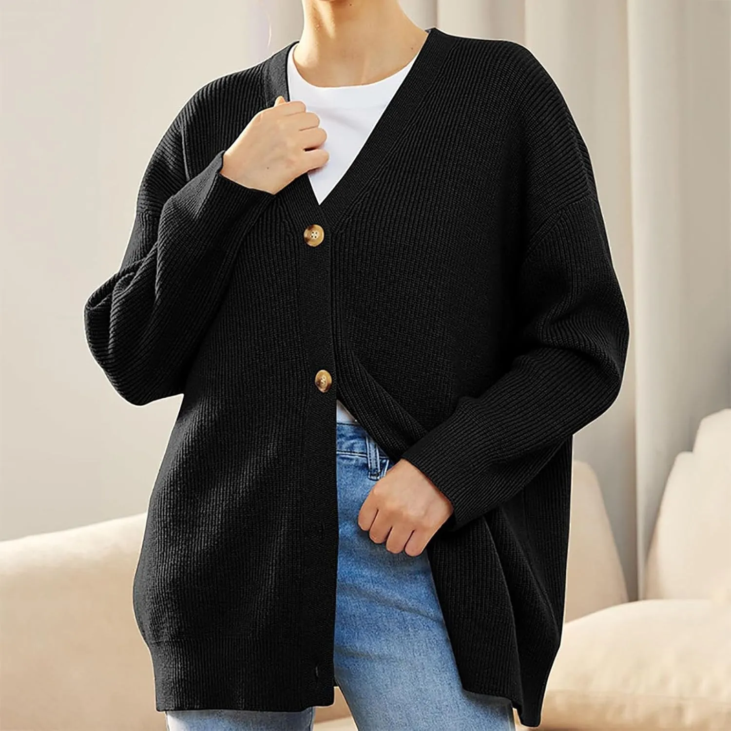 Women's Oversized Cardigan 2023 Button Down Open Front V Neck Solid Cardigans Chunky Knit Loose Casual Dropped Sweaters